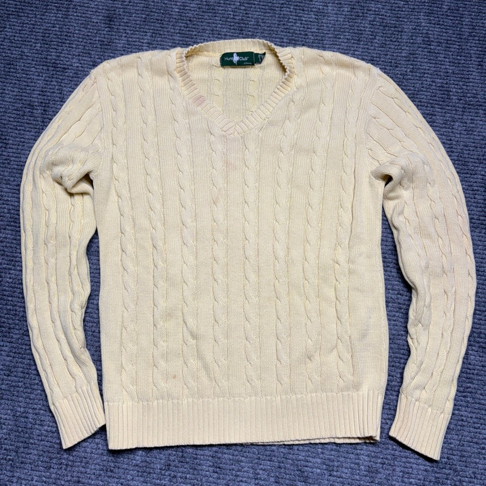 Hunt‎ Club JC Penney Mens L Yellow Cable Knit V Neck Cotton Sweater